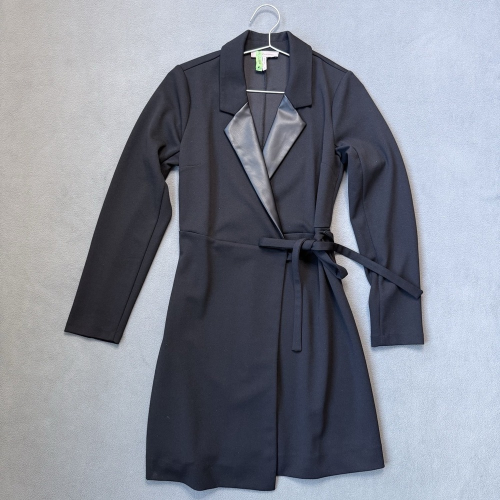 BCBGeneration Wrap Dress Womens XS Black Crepe Tuxedo Collar Belt Cocktail Party